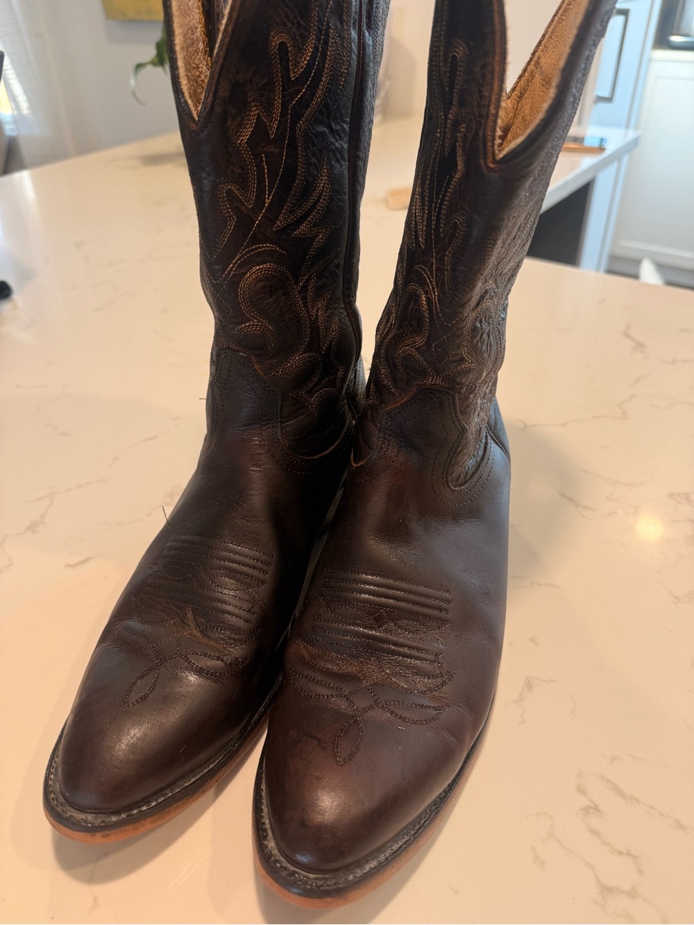 Men's Boulet Brown Leather Western Boots with Decorative Stitching